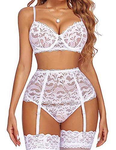 Avidlove Women Lingerie Set High Waisted Underwire Lingerie With Garter Belt Lace Babydoll - Small - White