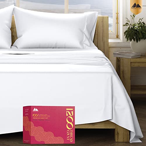 Mayfair Linen 5-Star Hotel Quality 1200 Thread Count 100% Supima Cotton Sheets for Queen Size Bed, 4 Pc Bright White Premium Cotton Sheet Set, Sateen Weave with Elasticized Deep Pocket - Queen - Bright White