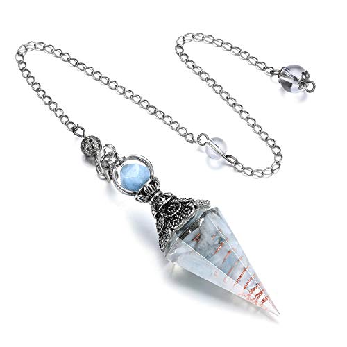 Jovivi Healing Crystal Pendulums for Dowsing Divination 6 Facted Hexagonal Pointed Cone Resin Chip Stones Reiki Wicca Spritual Gemstone Chakra Energy Pendant with Chain - Antique Silver - Aquamarine Stone