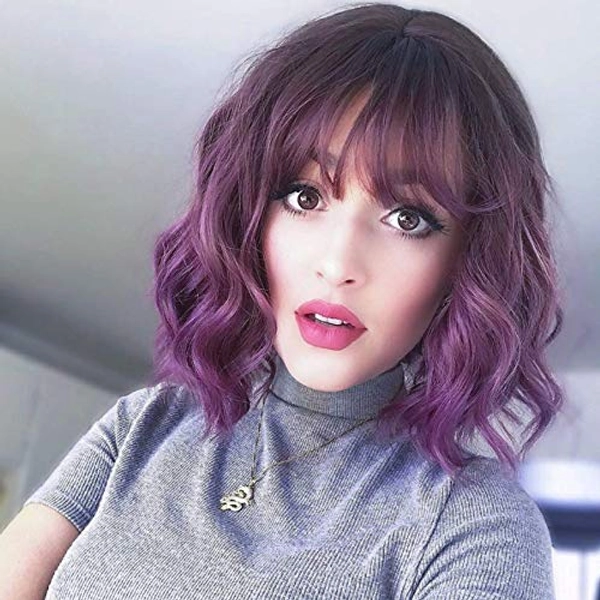 Rose bud Wavy Bob Wig with Bangs Natural Ombre Purple Wig Synthetic Hair Shoulder Length Short Curly Wigs for Women