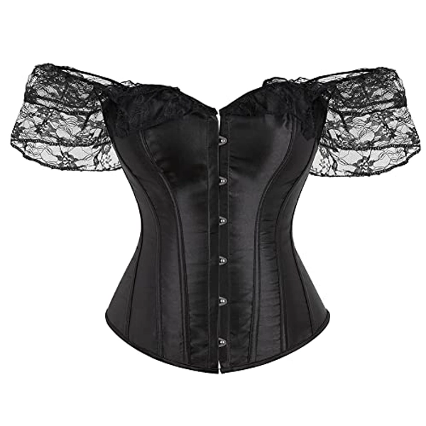 SHYMMUO Women Corset Top with Lace Sleeve Lace Up Sexy Bustier Lingerie Waist Trainer Costume Tops