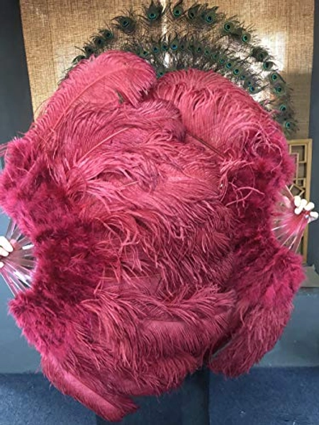 burgundy Marabou Ostrich Feather fan 24"x 43" with Travel leather Bag (For a pair)