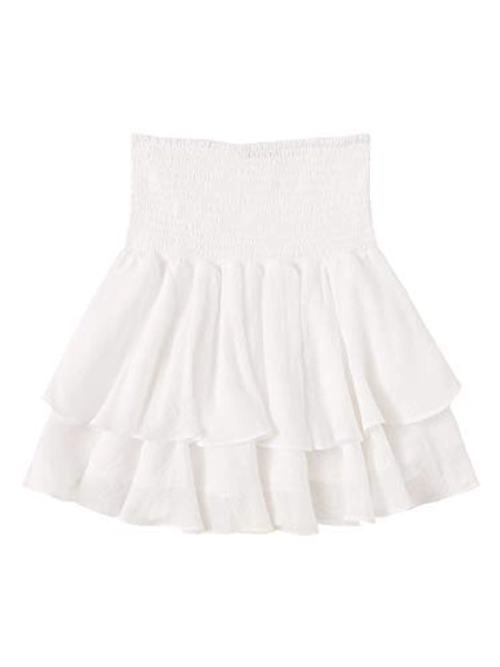 SheIn Women's Solid Shirred High Waist Layered Ruffle Hem Flared Mini Skirt