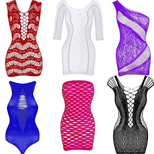 SATINIOR 6 Pieces Women Mesh Lingerie Fishnet Babydoll Mini Dress Mesh Bodysuit Sleepwear - Blue,white,purple