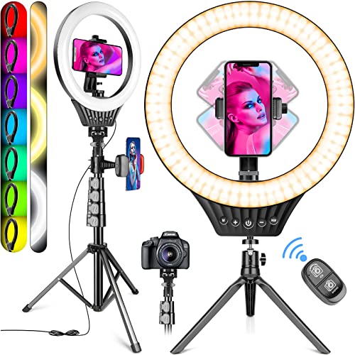 10" Ring Light with Tripod Stand and Phone Holder RGB Selfie Ring Light with 59" Stand & Desk Phone Tripod Stand,8 Dimming Levels,17 Color LED Ring Lights for Phone,Live Stream,Make Up,YouTube,TikTok