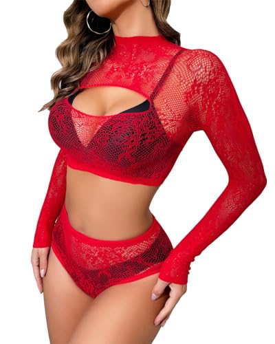 XIUSEMY Women Lingerie Set Two Piece Fishnet Sets Sexy Nightwear Exotic Outfit - Red