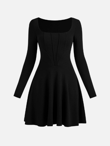 Eco-Mousse® Square Neck Corset Ruffle Hem Dress - Black / L