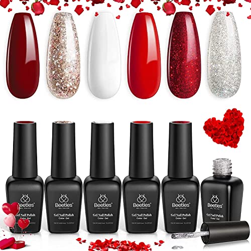 Beetles Candy Cane Gel Nail Polish Set - 6 Pcs Glitter Burgundy Red Sparkle Gel Polish Snow White Silver Glitter Gel Nail Kit Soak off UV LED Nail Lamp Mother's Day Gifts for Women Mom Mother Girlfriend - Candy Cane