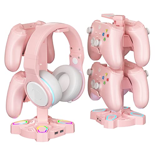 KDD RGB Headphone Stand with 9 Light Modes - Rotatable Pink Game Headset Holder with 3.5mm AUX & 2 USB Port - Suitable for PC Desk Accessories Gamers Gift(Pink) - Pink