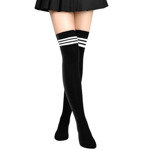 Aomig Striped Over The Knee Thigh High Long Socks, Casual Over Knee High Socks for Ladies Girls, Thigh High Socks White Black Striped Boot Socks, 3 Striped Long Tube Stockings for Daily Wear Cosplay - Black With White Stripes