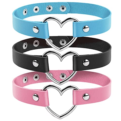 ASTER 3PCS Gothic Choker Necklace Adjustable Leather Choker Punk Collar for Women and Girls Cosplayer - Black-Blue-Pink