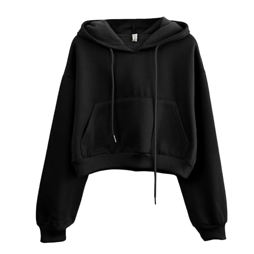Amazhiyu Womens Cropped Hoodie, Causal Cropped Hoody Hooded Sweatshirt Long Sleeve Crewneck Pullover Crop Tops - L - Black