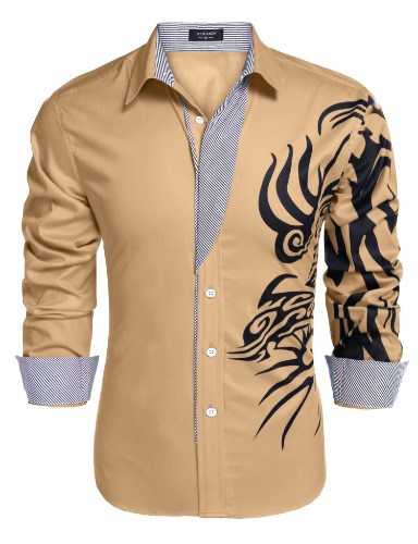 COOFANDY Men's Print Button Down Dress Shirt Fashion Long Sleeve Casual Shirts - Khaki 3X-Large