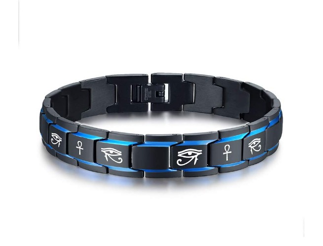 Men's Ancient Egyptian Symbol Udjat Eye of Horus Ra Ankh Cross Link Bracelet Stainless Steel Protection Amulet Wristband - Blue