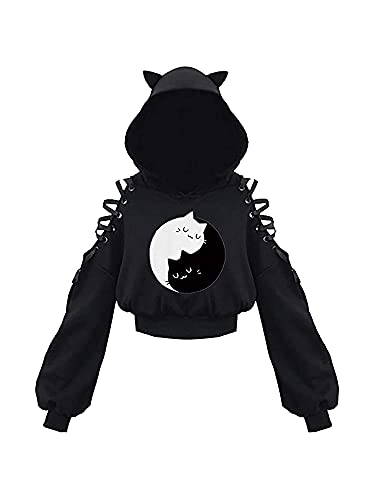 Loalirando Women's Cute Cat Ear Crop Top Oversized Hoodie Off Shoulder Hollow Out Long Sleeve Black Punk Gothic Sweatshirts - M - Black White Cat