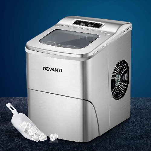 Devanti Ice Maker Machine, 2L 12KG Stainless Steel Portable Countertop Icemaker Cube Makers Commercial Home Office Kitchen Appliances, Electric Fast Freeze with Scoop and Removable Basket Silver