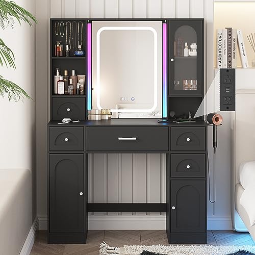 Fameill Black Makeup Vanity Desk with Lights,Makeup Vanity with RGB Lights and Power Strip,Vanity Table with 5 Drawers Lots Storage & Time Display,3 Lighting Modes Vanity Mirror with Lights,41.3in(L) - Black - 41.3x15.7x58.9 Inch
