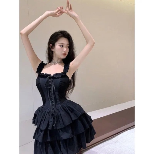 Kawii Goth Harajuku Slip Ruffles Dress - Black / M