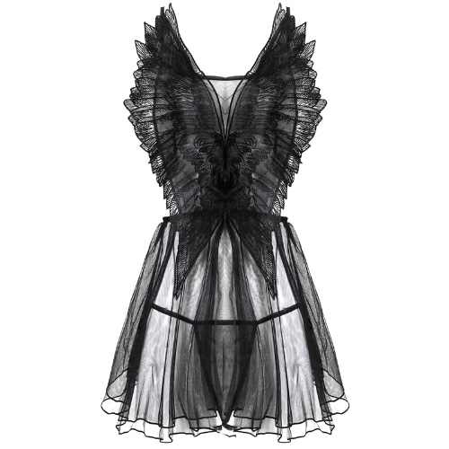 'Devil Beside You' Black Wing Mesh Lingerie Night Dress - Black / One Size