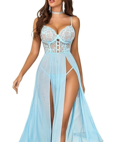 Avidlove Sexy Dessous Damen Reizwäsche Set Spitze Lingerie Netzstoff Babydoll V-Ausschnitt Unterwäsche Corsage Nachthemd Longe Nachtwäsche Seitlich Geschlitztes Negligee - M - Blau