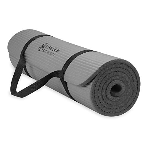 Gaiam Essentials Thick Yoga Mat Fitness & Exercise Mat with Easy-Cinch Yoga Mat Carrier Strap, 72"L x 24"W x 2/5 Inch Thick - Grey