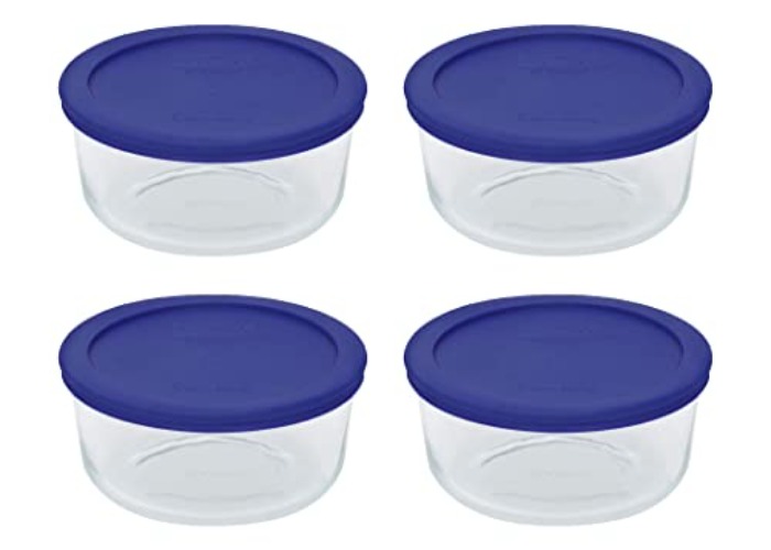 Pyrex Storage 4 Cup Round Dish, Clear with Blue Lid - Original Genuine Pyrex - Pack of 4 Containers