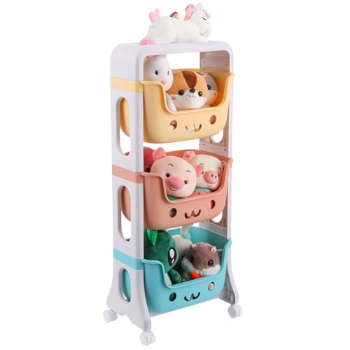 WillingHeart Kids Toy Storage Organizer 3-Tier Stackable Rolling Cart,Playful Colors Smiley Children Playroom Decor Doll Activity Rack Shelf Plastic Bins Box Mobile Move Everywhere with Caster Wheels