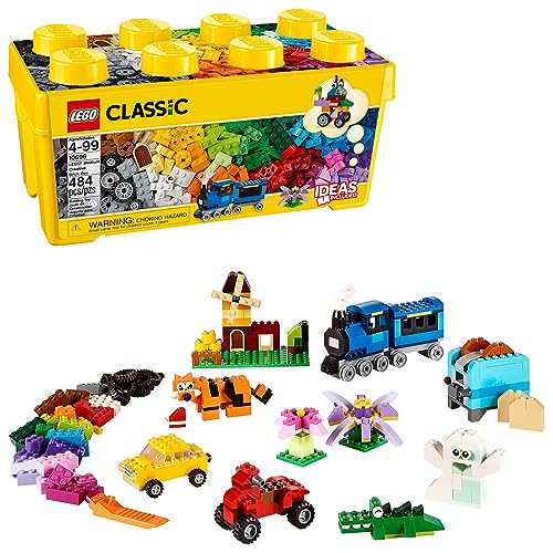 LEGO Classic Medium Creative Brick Box 10696 Building Toy Set - Featuring Storage, Includes Train, Car, and a Tiger Figure, and Playset for Kids, Boys, and Girls Ages 4-99 - Multicolor