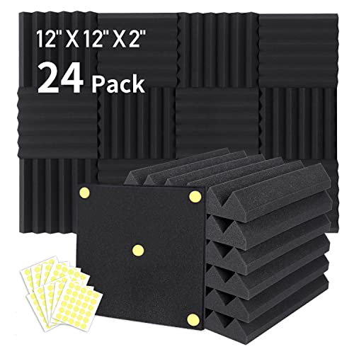 Focusound 24 Packs Acoustic Foam Panels 2" X 12" X 12" High Density 25kg/m3, Soundproofing Foam Noise Cancelling Foam with 120 PCS Double-Side Adhesive - 2" X 12" X 12" - 24 Pack Wedge