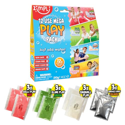 12 Use Mega Play Pack from Zimpli Kids, 3 x Gelli Play, 3 x Slime Play, 3 x Snoball Play & 3 x Crackle Baff, Children's Sensory Play Toy, Educational Learning Activity, DIY Creative Toy