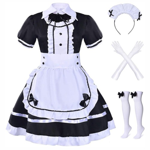 Partymall French Maid Dress, Anime Maid Cosplay Dress Set, Cute Lolita Dress with Headpiece, Gloves, Stockings for Halloween, Carnival Costume (White, M) - Medium - White