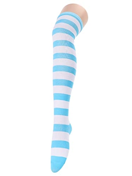 Century Star Women's Casual Athlete Striped Over Knee Thin Thigh High Tights Long Stocking Socks - One Size - 1 Pack Blue White Stripes