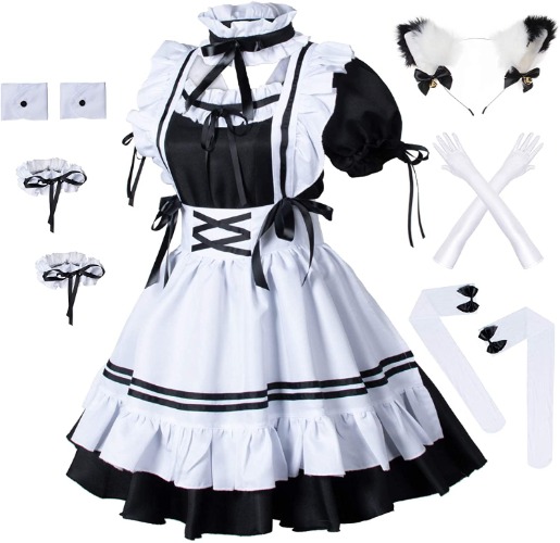 CHOUYOUAGAIN Anime French Maid Apron Lolita Fancy Dress Cosplay Costume Furry Cat Ear Gloves Socks Set - BALCK