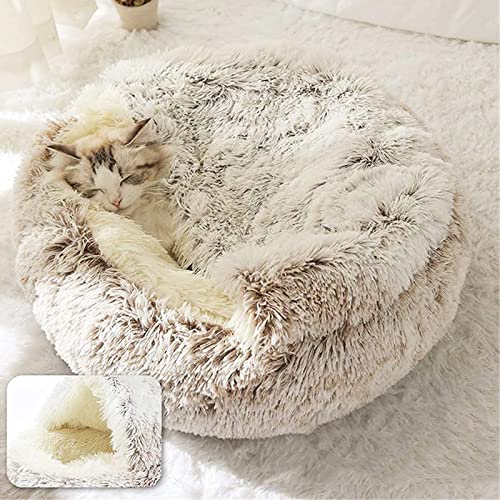 SONIMTTD Cat Bed Round Soft Plush Burrowing Cave Hooded Cat Bed Donut for Dogs & Cats, Faux Fur Cuddler Round Comfortable Self Warming pet Bed, Machine Washable, Waterproof Bottom - 50L x 50W x 8H cm - Coffee