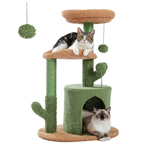 PAWZ Road Cactus Cat Tree, [33''=84CM] Indoor Cat Tower with Sisal Covered Scratching Post, Cozy Condo, Plush Perches and Fluffy Balls for Small&Medium Cats - Green Cactus Cat Tree