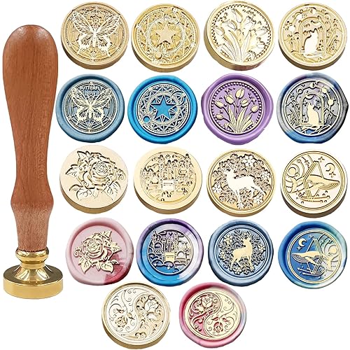 Wax Seal Stamp Set 9Pcs Sealing Wax Stamp Heads with a Wooden Handle Various Patterns for Wedding Letter Encapsulation Greeting Cards Presents Decoration