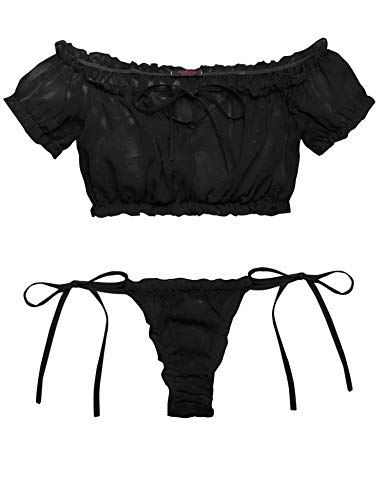 Avidlove Bra and Panty Set Ruffle Lingerie Set Mesh Babydoll Chemise - 3X-Large - Black