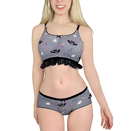 Littleforbig Lacy Trim Women Nightwear Strap Sleepwear Cami Top Shorts Lingerie bralette loungewear Set - Sugar Bat - 4X-Large - Grey