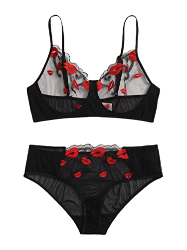 SOLY HUX Women's Plus Size Sexy Lingerie Strawberry Mesh Bra and Panty Valentines Gift Lingerie for Women - 3X-Large Plus - Lip Embroidery Black