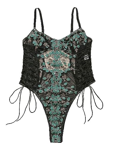 Lilosy Women Sexy Lace Up Floral Embroidered Teddy Lingerie Bodysuit Top Mesh Sheer One Piece - 3X-Large - Green