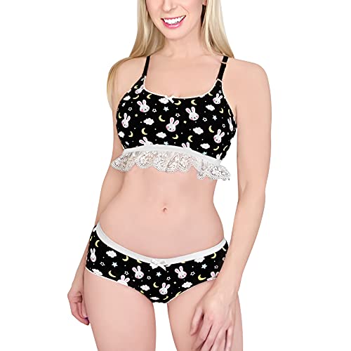 Littleforbig Lacy Trim Women Nightwear Strap Sleepwear Cami Top Shorts Lingerie Bralette Loungewear Set - Snuggle Bunny - Black - 4X-Large