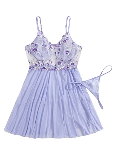 WDIRARA Women's Plus Size Floral Embroidered Mesh Lingerie Babydoll Dress with Panty - 3X-Large Plus - Lilac Purple