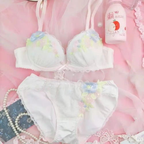 Pastel Floral Embroidered Lingerie Set for Kawaii Fashion Lovers - White / 80B
