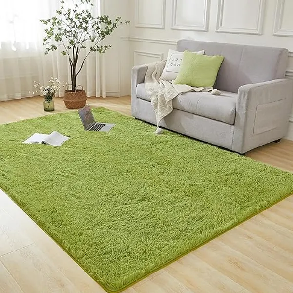 Andency 4x6 Shag Area Rug for Living Room, Grass Green Soft Fuzzy Plush Indoor Carpets for Bedroom, Non Skid Fluffy Faux Fur Rug for Room