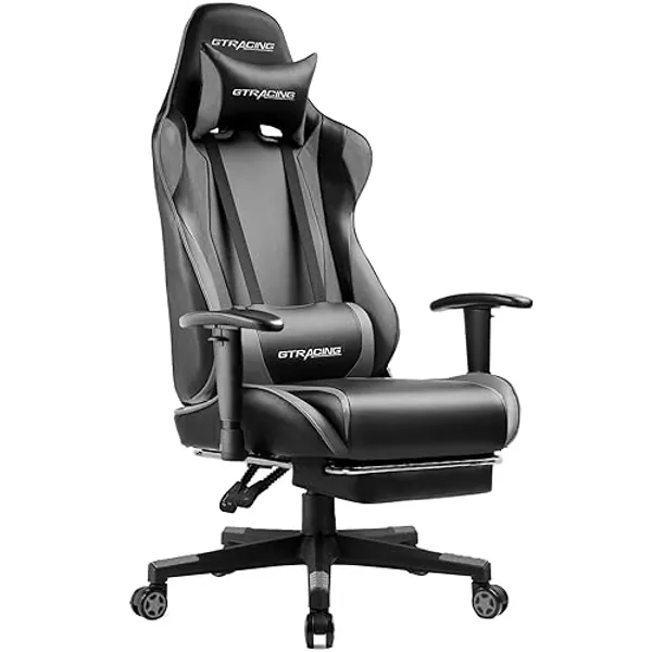 GTRACING Gaming Chair with Footrest, Ergonomic Computer Game Desk Chair, Reclining Gamer Chair Seat Height Adjustment, Swivel Rocker with Headrest and Lumbar (Gray)