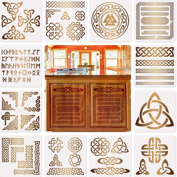 12 Pieces Viking Knot Stencils Viking Symbol Templates Stencils for Scrapbooking Drawing Tracing DIY Furniture (7.87 x 7.87 Inch/ 20 x 20 cm)