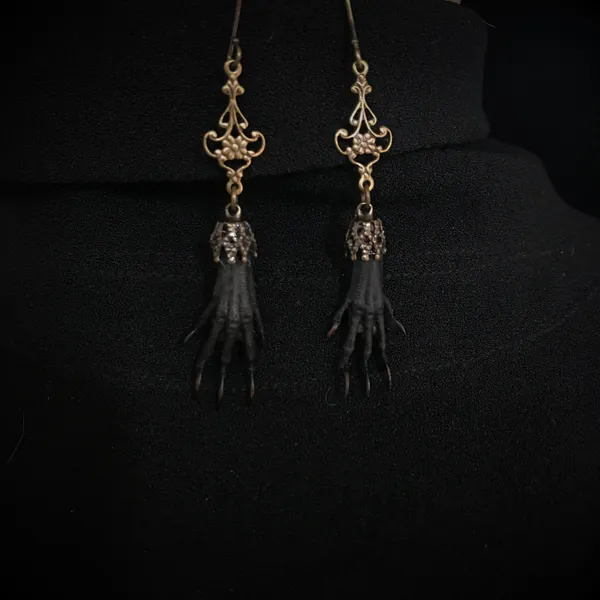 Dyed black real prairie dog foot earrings//squirrel foot//antiqued brass 3.25&quot; earrings//taxidermy jewelry//claw earrings//Gothic jewelry