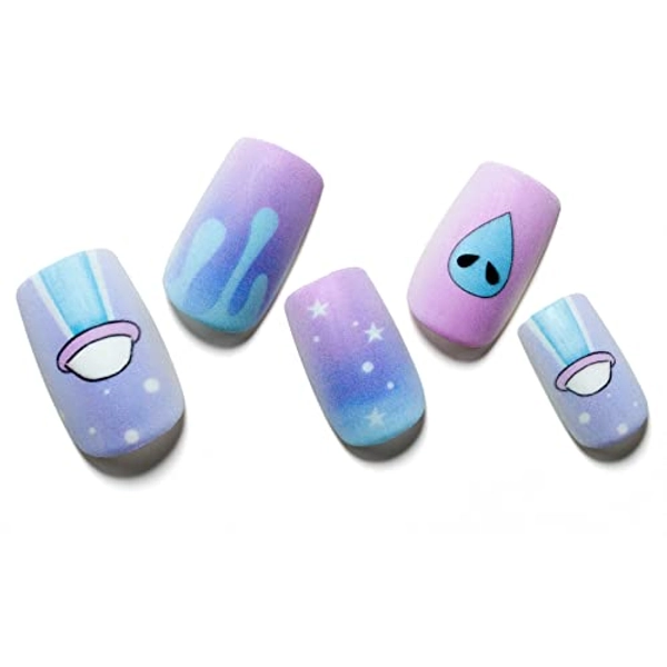 Press on Nails Medium Square, GLAMERMAID Purple Blue Ombre Glue on Gel Nails with Alien UFO Design, 24Pcs Short Square Reusable UV Finish Fake Nails Acrylic False Nails Manicure Kits for Women Gifts