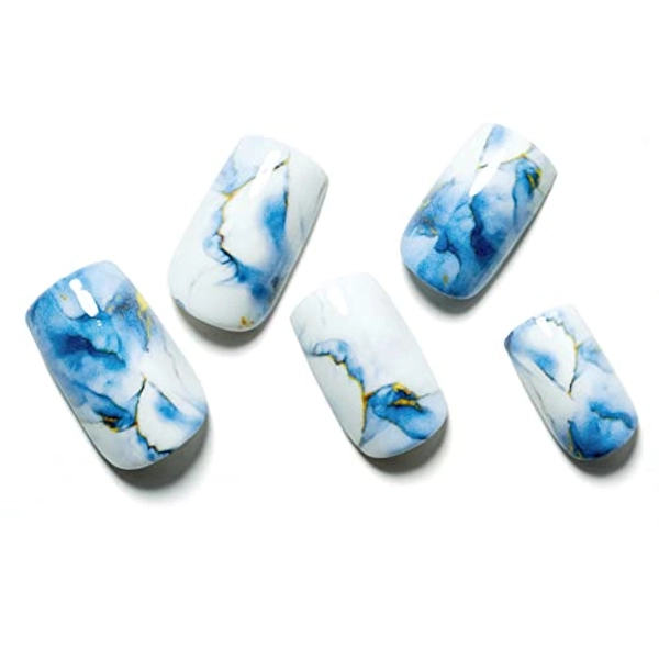 Marble Press on Nails Short Square GLAMERMAID, Blue Gold Acrylic Fake Nails with Design Luxury Stick Glue on Nails Reusable Glossy False Nail Sets, 48Pcs Adhesive Tabs Nail File, Cuticle Stick