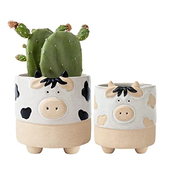 LA JOLIE MUSE Ceramic Animal Succulent Plant Pots - 5.7 + 4.4 Inch Cute Cow Shaped Half Glazed Rough Pottery Indoor Planters for Flower Cactus, Home Decor Gifts for Mom